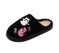 Women Fuzzy Closed Toe Slippers Black Spooky Season Ghost Boo Embroidery Plush Lined Slip On Indoor Slides Halloween Home Loungewear Casual Holiday Footwear