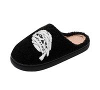Women Fuzzy Closed Toe Slippers Black Spooky Season Ghost Boo Embroidery Plush Lined Slip On Indoor Slides Halloween Home Loungewear Casual Holiday Footwear