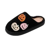Women Fuzzy Closed Toe Slippers Black Spooky Season Ghost Boo Embroidery Plush Lined Slip On Indoor Slides Halloween Home Loungewear Casual Holiday Footwear