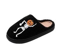 Women Fuzzy Closed Toe Slippers Black Spooky Season Ghost Boo Embroidery Plush Lined Slip On Indoor Slides Halloween Home Loungewear Casual Holiday Footwear