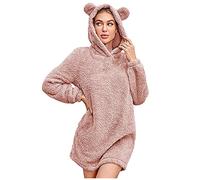 Women Fuzzy Fleece Hoodies Dress Sherpa Teddy Bear Pullover Fur Flannel Fluffy Onesies Ladies Fleece Pyjamas Hooded Onesie Cats Ear Winter Warm Lovely Dresses Cute Casual Soft Cozy Chunky Plush Dress