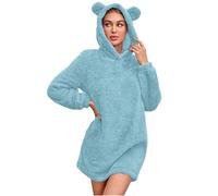 Women Fuzzy Fleece Hoodies Dress Sherpa Teddy Bear Pullover Fur Flannel Fluffy Onesies Ladies Fleece Pyjamas Hooded Onesie Cats Ear Winter Warm Lovely Dresses Cute Casual Soft Cozy Chunky Plush Dress