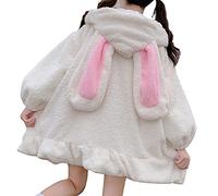 Women Fuzzy Fleece Kawaii Anime Bunny Ear Hoodie Cute Cat Ear Claw Long Sleeve Fluffy Rabbit Hooded Cosplay Jacket Coat (Pom pom Hoodie-2, Medium)