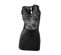 Women Garter Lingerie Set Sexy Neck Lace Elastic Wet Look PU Dress Flirty Bodycon Chemise Sexy Lingerie Set for Women Leather (Black, XL)