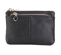 Women Genuine Leather Coin Purse Key Ring Triple Zipper Mini Card Case Wallet Change Purse (Black)