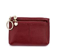 Women Genuine Leather Zip Mini Coin Purse with Key Ring Triple Zipper Card Holder Wallet (Wine Red)