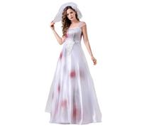 Women Ghost Bride Mini Mesh Dress Halloween Sweetheart Neck Ruffle Short Sleeve Dress Vampire Zombie Headband Cosplay Set (G-White, L)