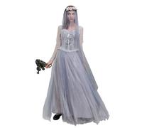 Women Ghost Corpse Bride Costume Dead Bride Corset Dress And Veil Floral Headband Set Scary Bride Costume Zombie Bride Cosplay Outfits (Standard, S, Gray)