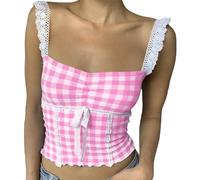 Women Gingham Lace Trim Crop Tank Tops Square Neck Corset Top Plaid Y2K Sleeveless Going Out Tops Slim Fit Cami Shirts (A Gingham Pink, S)