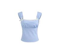 Women Gingham Lace Trim Crop Tank Tops Square Neck Corset Top Plaid Y2K Sleeveless Going Out Tops Slim Fit Cami Shirts (Wide Strap Blue, S)