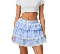 Women Gingham Mini Skirt A Line Pleated Short Skirts Lace Trim Mini Plaid Skirt Halloween Holiday Short Skirts, Bow Front Blue, S