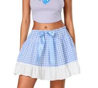 Women Gingham Plaid Miniskirt Lace Trim Ruffle Layered Pleated Short Skirt A-line Princess Mini Skirt (UK, Alpha, S, Regular, Regular, Blue 2)