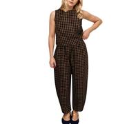 Women Gingham Set 2 Piece Pajamas Sleeveless Round Neck Gingham Tank Top Wide Leg Barrel Pants Suits Loose Casua Set Soft and Comfy Suitable for All Occasions Sizes S/M/L/XL/XXL (Khaki, L)