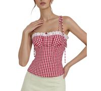 Women Gingham Tank Top Summer Y2K Spaghetti Strap Tie Shoulder Cami Shirt Slim Fit Plaid Print Crop Vest Streetwear (Red A, L)