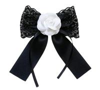Women Girl Elegant Lace Ribbon Bowtie Brooch Pin Student Shirt Jabot Collar Rhinestones Jewelry Pre-Tied Bowknot