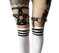 Women Girl Sexy Garters Punk Rock Rivet Pentagram Leather Ring Garters, Black Set, One Size