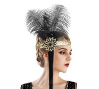 Women Girls 1920s Feather Headwear Tassel Black Feather Headband Flapper Headpiece Head Wear Fashion Soft Comfortable Hair Accessories for Women Girls Carnival Party Costume Party (Gold, One Size)