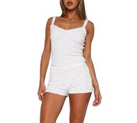 Women Girls 2 Piece Y2k Pajama Set Sleeveless Lace Trim Cami Top with Shorts Printed Pj Sets Sleepwear Loungewear (3 Floral White, S)