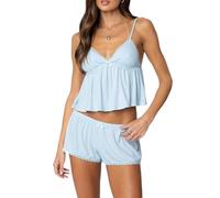Women Girls 2 Piece Y2k Pajama Set Sleeveless Lace Trim V Neck Cami Top with Shorts Printed Pj Sets Sleepwear (Peplum Blue, S)