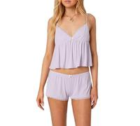 Women Girls 2 Piece Y2k Pajama Set Sleeveless Lace Trim V Neck Cami Top with Shorts Printed Pj Sets Sleepwear (Peplum Purple, S)