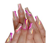 Women Girls 24Pcs/Set Long Ballet French Colorful Striped Printed Full Coverage Wearable Fake Nail Press On Nail Art Detachable Manicure Autumn Winter Luxury Decoration
