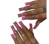 Women Girls 24Pcs/Set Long Ballet French Heart Glitter Stone Decoration Full Coverage Wearable Fake Nail Press On Nail Art Detachable Manicure Autumn Winter Decoration