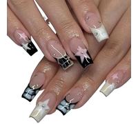 Women Girls 24Pcs/Set Medium Ballet French Serpentine Star Diamond Full Coverage Wearable Fake Nail Press On Nail Art Detachable Manicure Autumn Winter Luxury Decoration