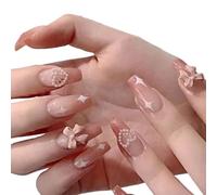 Women Girls 24Pcs/Set Medium Coffin Shaped French Geometry Pink Bow Pearl Heart Decorations Wearable Fake Nail Press On Nail Art Detachable Manicure Autumn