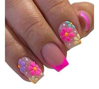 Women Girls 24Pcs/Set Middle Size Quare Rose Red French Colorful Flower Full Coverage Wearable Nail Art Fake Nails Detachable Manicure Autumn Winter Luxury Decoration