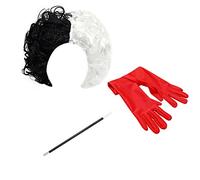 Women Girls Black and White Wigs Cruella De Vil Cosplay Costume Short Curly Wavy Hair Wigs Halloween Party Fancy Princess Deville Dress Up Accessories