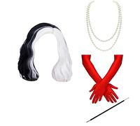Women Girls Black and White Wigs Cruella De Vil Cosplay Costume Short Curly Wavy Hair Wigs Halloween Party Fancy Princess Deville Dress Up Accessories