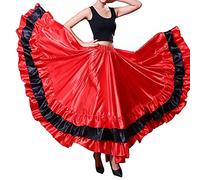 Women Girls Black-Circle Long Satin Skirt for Belly Dance Spanish Bull Gypsy Flamenco Performance