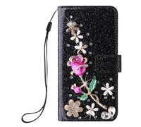 Women Girls Bling Diamond for Samsung Galaxy S22 Glitter Wallet Case Black Handmade 3D Romantic Roses Flip Notebook Wallet Case with Magnetic Kickstand ID Card Holder Book Style Cases