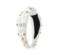 Women Girls Bow Rhinestones Headband Wide Brim Pearl Embedded Hairbands Knotted Headband White
