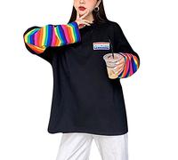 Women Girls Casual Oversized Striped T Shirt Long Sleeves Pullover Sweatshirt Tops, Black, L