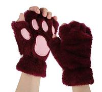 Women Girls Cat Dog Paw Fingerless Gloves Soft Plush Half Finger Gloves Winter Thick Warm Gloves Cute Bear Claw Coral Fleece Mittens with Anti-Lost String for Sports Touchscreen Typing Cosplay