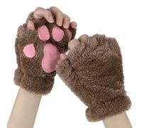Women Girls Cat Dog Paw Fingerless Gloves Soft Plush Half Finger Gloves Winter Thick Warm Gloves Cute Bear Claw Coral Fleece Mittens with Anti-Lost String for Sports Touchscreen Typing Cosplay