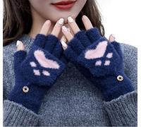 Women Girls Cute Cat Dog Paw Gloves Winter Warm Fingerless Gloves Mittens Soft Fluffy Half Finger Glovess with Mittens Cover Convertible Flip Top Glovess Touchscreen for Writing Typing Cycling