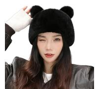 Women Girls Faux Fur Thick Thermal Hat Cute Panda Ears Fluffy Plush Warm Hat with Adjustable Rope Winter Fluffy Fashion Warm Cap for Women Girls Black