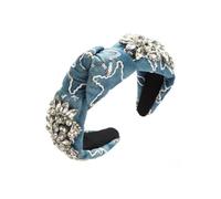 Women Girls Hand Stitched Sequin Headband Denim Fabric Rhinestone Pearl Party Hair Accessories White