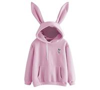 Women Girls Hoodie Cute Bunny Ear Long Sleeve Tops Solid Color Casual Pullover Pocket Sweatshirt for Autumn Winter New Pink