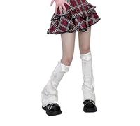 Women Girls Japanese Style Leg Warmer Kawaii Knit Boot Socks 90s Solid Striped Gothic Crochet Leg Warmers (White-Ripped Hole, One Size)