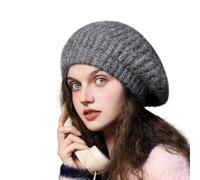 Women Girls Knitted Wool Beret Hat French Berets Retro Painting Artist Classic Knitted Beret Hat Elegant Soft Stretchy Thicken Warm Beanies Cap for Autumn Winter Grey