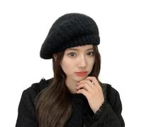 Women Girls Knitted Wool Beret Hat French Berets Retro Painting Artist Classic Knitted Beret Hat Elegant Soft Stretchy Thicken Warm Beanies Cap for Autumn Winter Black
