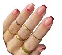 Women Girls Medium Square French Red Border Heart Printed Glossy Full Coverage Wearable Fake Nail Press On Nail Art Detachable Manicure Autumn Winter Decoration 24Pcs/Set