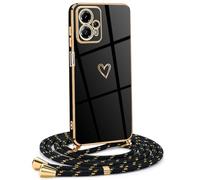 Women Girls Mobile Phone Chain Compatible with Motorola Moto G13 / G23 4G - Silicone Case with Strap - Mobile Phone Case for Motorola Moto G13 / G23 4G Heart Love Design Electroplating - in Black Gold