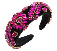 Women Girls Palace Style Rhinestones Headband Retro Wide Brimmed Headband Party Hair Accessories Rose Red