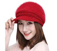 Women Girls Peaked Beanie Visor Beret Winter Thermal Baker Boy Cap Newsboy Cabbies Faux Fur Wool Crochet Knitted Braided Soft Fleece Lining Christmas Birthday Gift Red