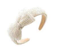 Women Girls Pearl Beaded Bow Headband Wedding Party Headwear Wide Brimmed Hair Bands White