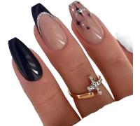 Women Girls Pop 24Pcs/Set Medium Coffin Shaped French Black Matte Full Coverage Wearable Fake Nail Press On Nail Art Detachable Manicure Autumn Winter Luxury Decoration